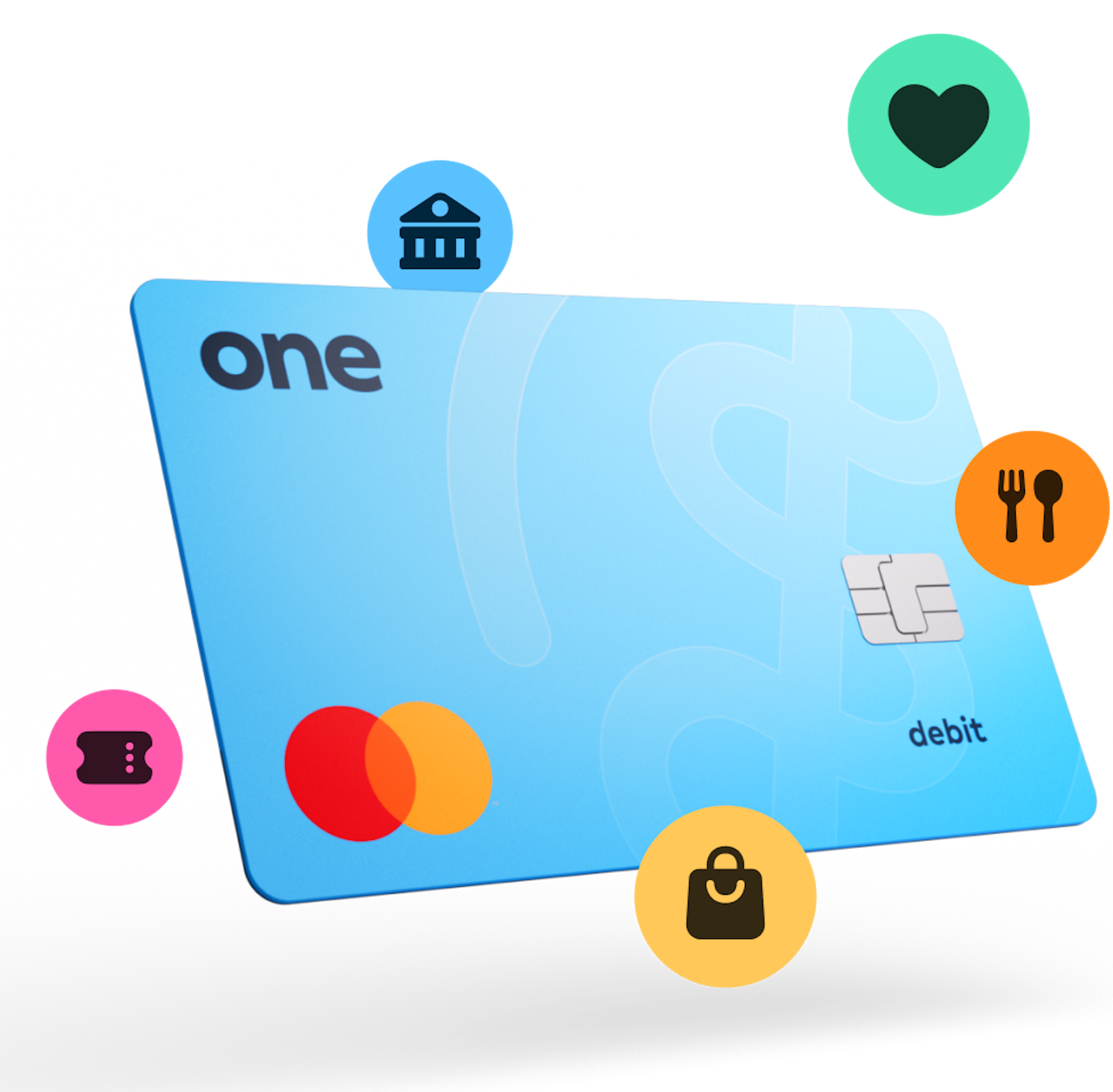 A light-blue One Debit Mastercard with a banking icon, heart icon, and shopping category icons playing around its edges