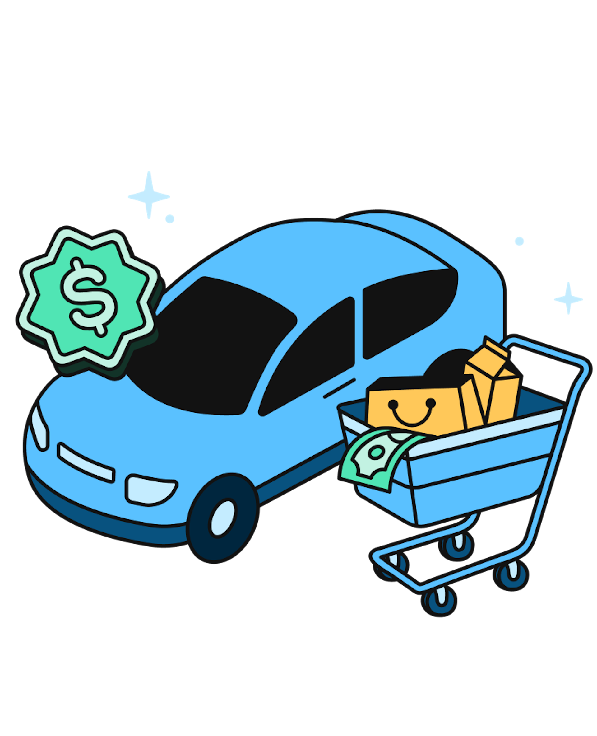 A blue Spark Driver car and shopping cart in motion, with a dollar sign badge to indicate instant payment through One
