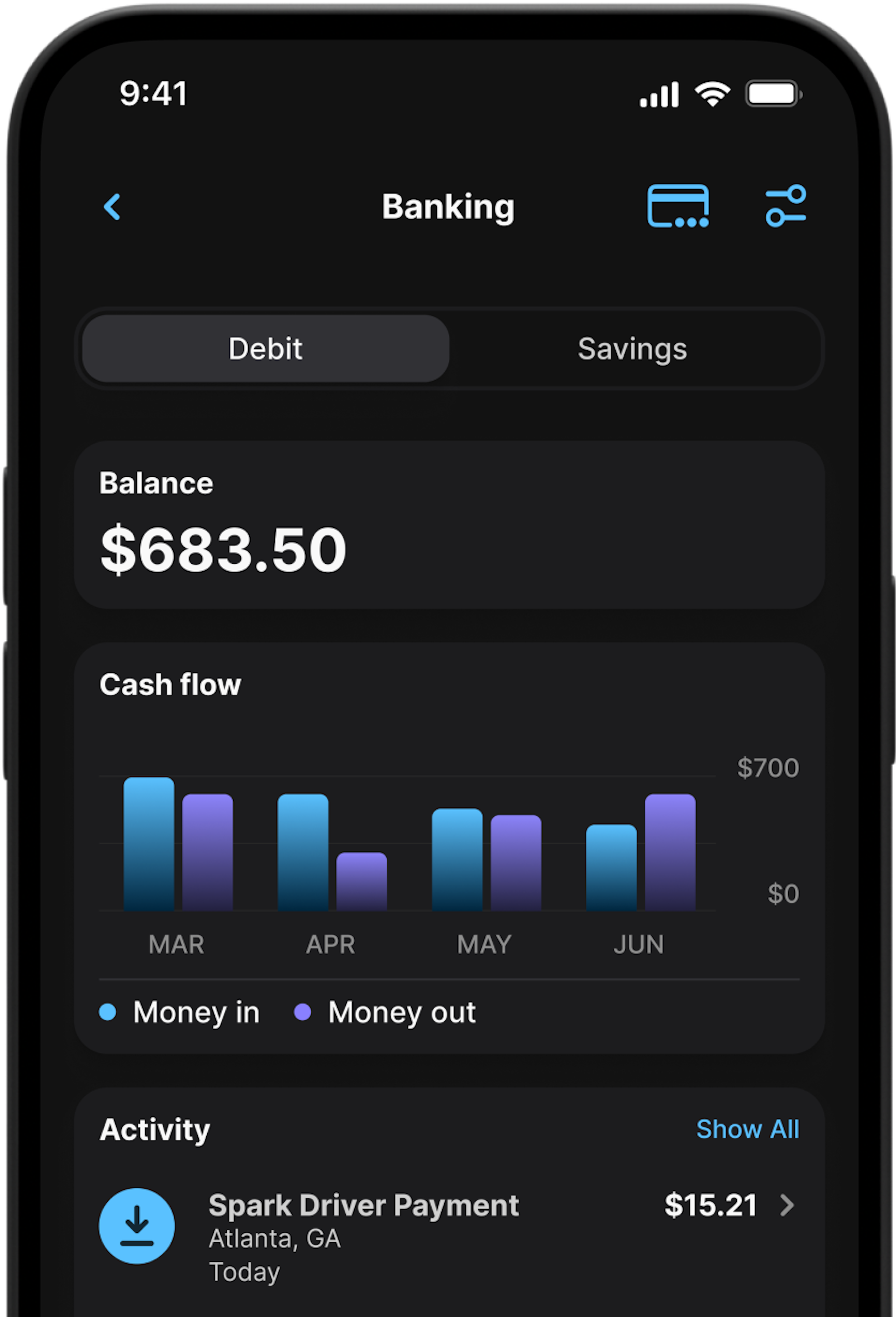 The One app, showing banking activity that includes instant Spark Driver trip earnings deposited into a One debit account
